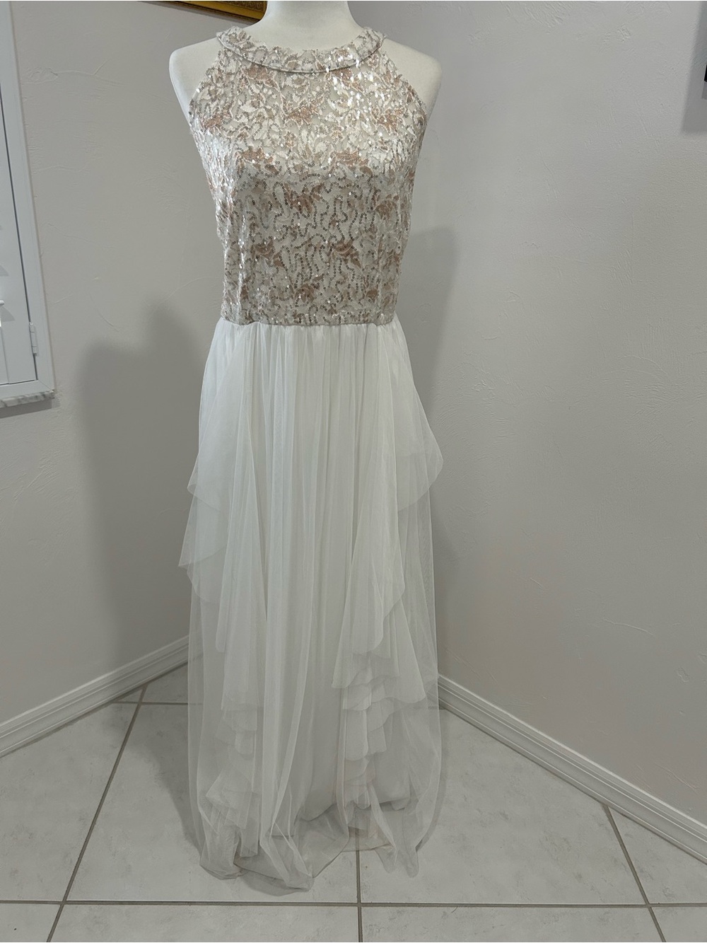 White Maxi Dress with Gold Sequin Halter Bodice